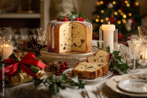 Golden-brown Italian Panettone cake studded with candied fruits and raisins, displayed on a festive table with holly, red ribbons, and candles, creating an elegant, celebratory holiday atmosphere.