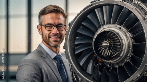 Wallpaper Mural Smiling aircraft engineer posing next to a powerful jet engine Torontodigital.ca