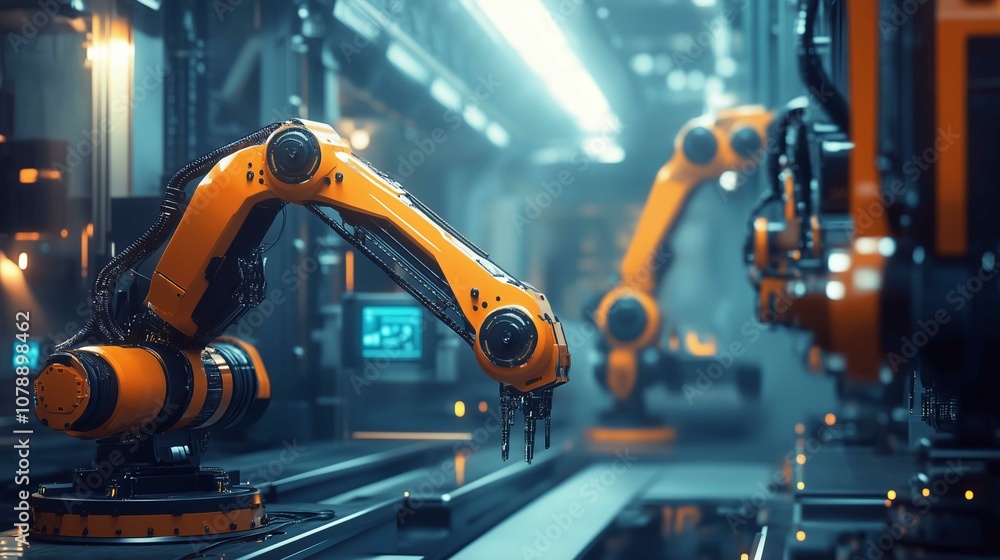 An industrial smart factory 4.0 concept utilizing heavy automation robot arms
An industrial smart factory 4.0 concept utilizing heavy automation robot arms