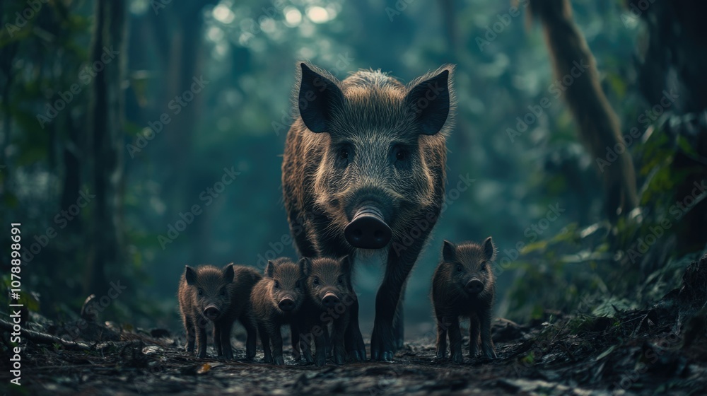 Mother Pig and Cubs in a Forest