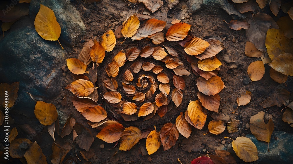 An overhead view of a spiral arrangement of autumn leaves in warm, earthy tones, carefully placed on the forest floor, creating a natural, organic land art piece. Cinematic Scene, 4k resolution, An overhead view of a spiral arrangement of autumn leaves in warm, earthy tones, carefully placed on the forest floor, creating a natural, organic land art piece. Cinematic Scene, 4k resolution,
