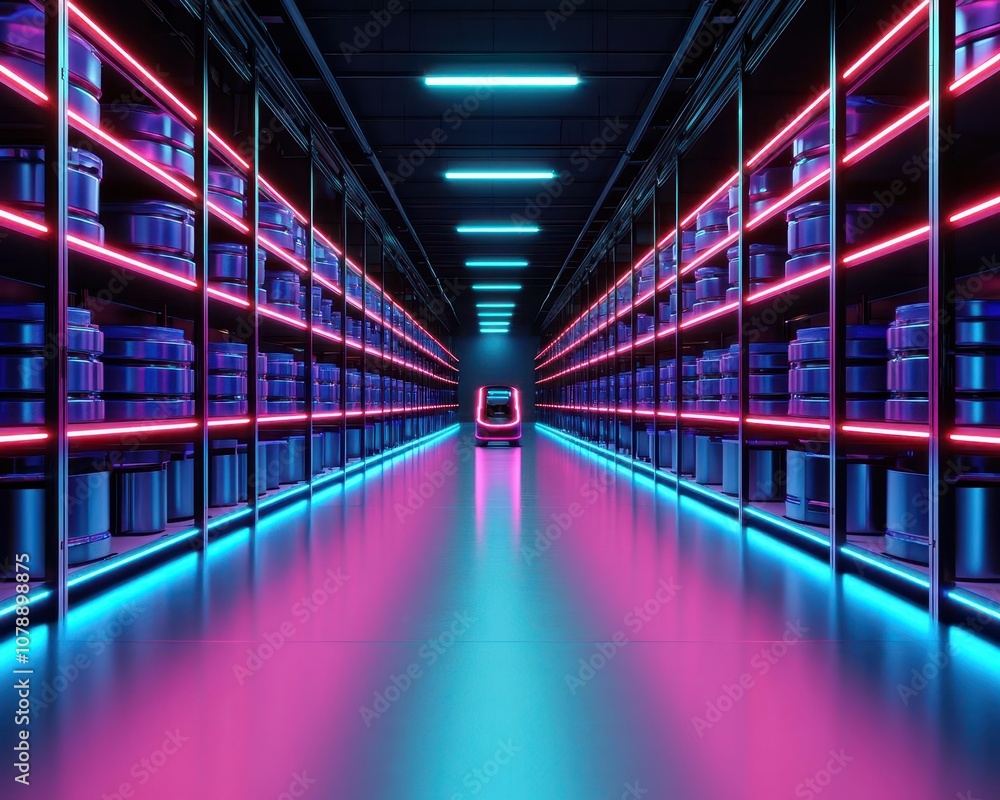 Futuristic warehouse with autonomous robots organizing shelves, neon lights, hightech logistics system, warehouse technology, innovation in storage automation Futuristic warehouse with autonomous robots organizing shelves, neon lights, hightech logistics system, warehouse technology, innovation in storage automation