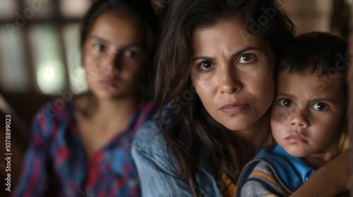 Portrait of a Hispanic immigrant mother protecting her children