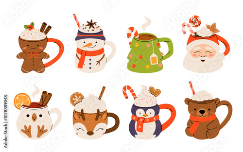 Christmas hot drink set. Flat cartoon different beverages. Holiday cute mugs hot cocoa, coffee, milk, cream and mulled wine. New year drinks decorated holly and candy. Isolated vector illustration