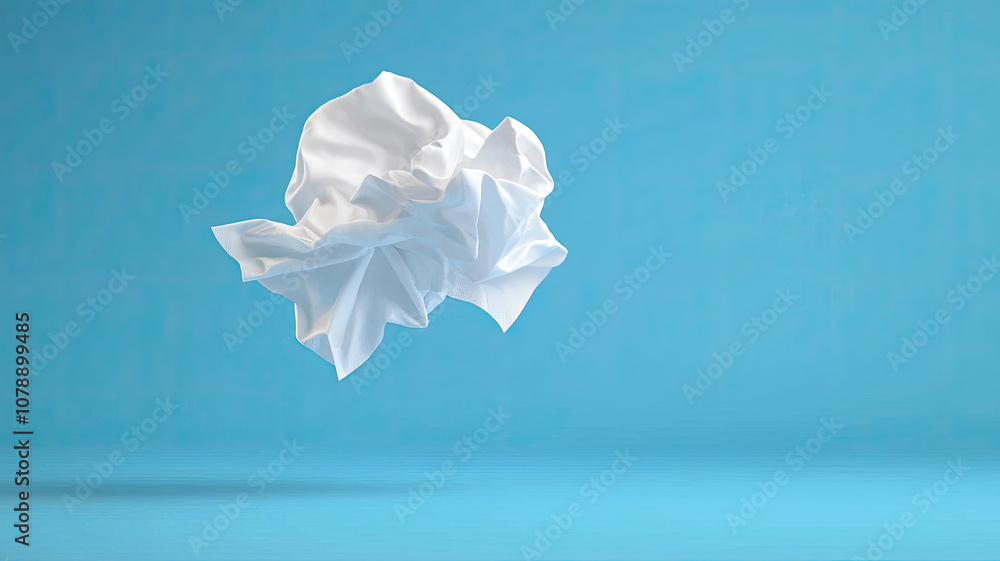Crumpled white tissue floating against blue background, creating serene atmosphere Crumpled white tissue floating against blue background, creating serene atmosphere
