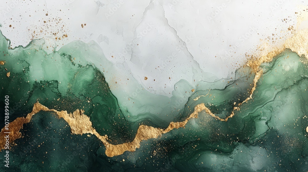 Abstract art featuring green and gold marbling with fluid textures. Abstract art featuring green and gold marbling with fluid textures.