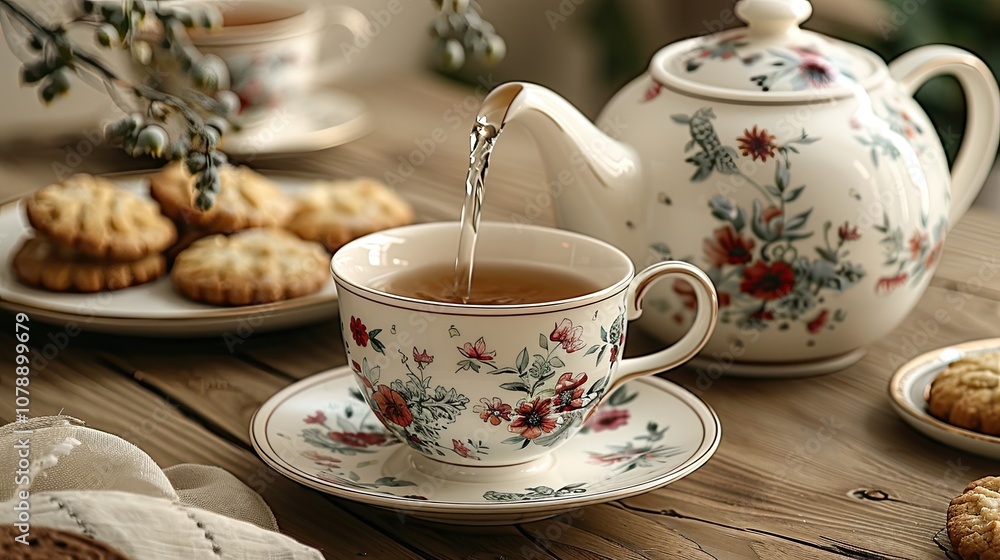 A teapot pouring tea into a floral patterned teacup on a wooden table with cookies, setting a relaxing and elegant afternoon tea scene. A teapot pouring tea into a floral patterned teacup on a wooden table with cookies, setting a relaxing and elegant afternoon tea scene.