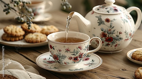 A teapot pouring tea into a floral patterned teacup on a wooden table with cookies, setting a relaxing and elegant afternoon tea scene.