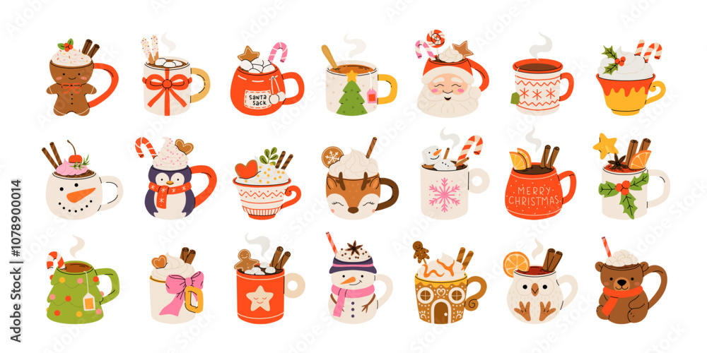 Fototapeta premium Christmas hot drink big collection. Flat cartoon beverages. Holiday cute mugs with hot cocoa, coffee, and mulled wine. New year drinks decorated with sweets and candy. Isolated vector illustration