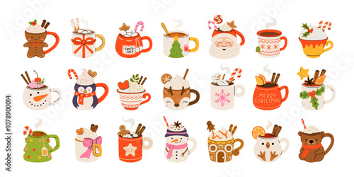 Christmas hot drink big collection. Flat cartoon beverages. Holiday cute mugs with hot cocoa, coffee, and mulled wine. New year drinks decorated with sweets and candy. Isolated vector illustration