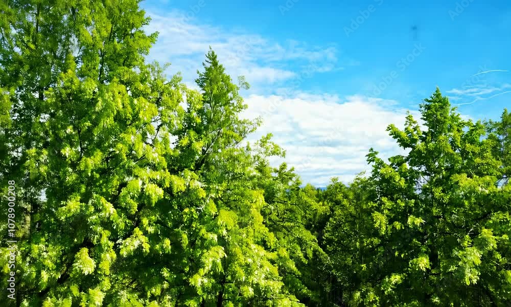 Aerial fpv racing drone flying over Fresh green birch trees (Betulaceae) with blue sky. Forest summer sprig nature landscape background Aerial fpv racing drone flying over Fresh green birch trees (Betulaceae) with blue sky. Forest summer sprig nature landscape background