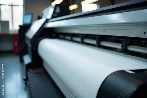 Large printing machine for paper business in printing room. Sublimation concept. Theme: Clear foreground, blurred background.