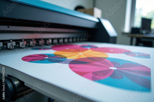 Large printing machine for paper business in printing room. Sublimation concept. Theme: Clear foreground, blurred background.