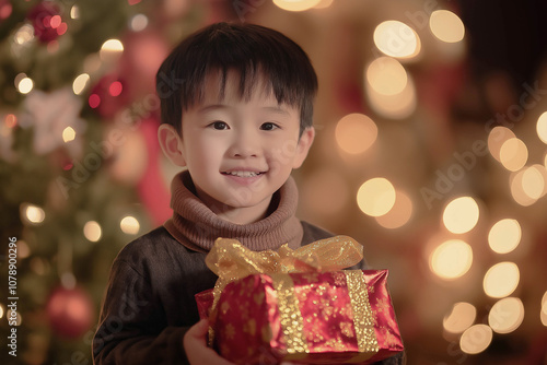 A six-year-old, handsome boy of Asian appearance holds a New Year's gift in his hand against the background of a decorated Christmas tree and garlands. Advertising banner, New Year concept.