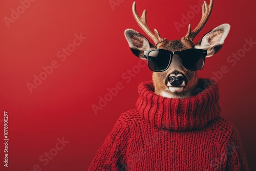 Stylish reindeer wearing sunglasses and a cozy red sweater on a solid red background The image conveys a fun and playful holiday spirit, perfect for festive themes photo