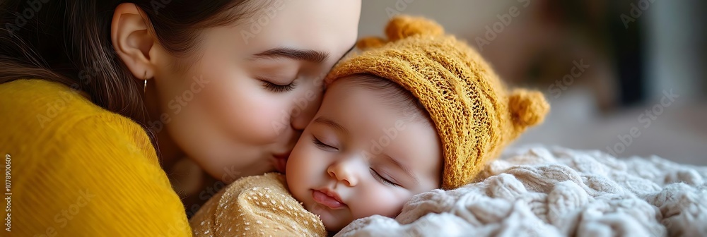 Obraz premium Mother Kisses Sleeping Baby in Yellow Knit Hat - Photo