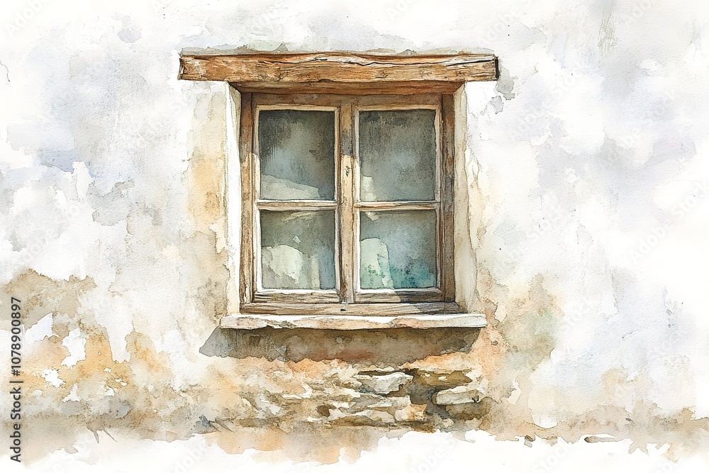 Fototapeta premium Old yellow plastered wall with a window. 