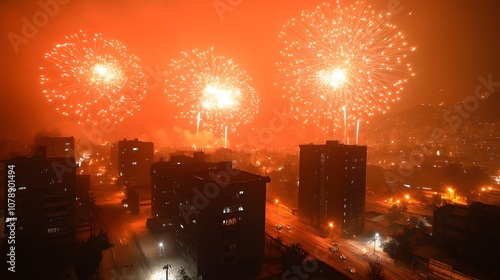 Iranian lights and fireworks over Tehran, celebrating Islamic Revolution anniversary, joyful atmosphere photo