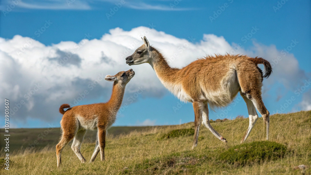 Guanaco mother and her young calf in a grassy field Guanaco mother and her young calf in a grassy field