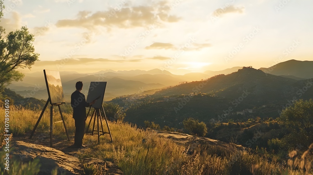 A local artist painting a scenic landscape on an easel set up in the countryside, with curious travelers stopping to watch. Cinematic Scene, 4k resolution, cinematic scene A local artist painting a scenic landscape on an easel set up in the countryside, with curious travelers stopping to watch. Cinematic Scene, 4k resolution, cinematic scene