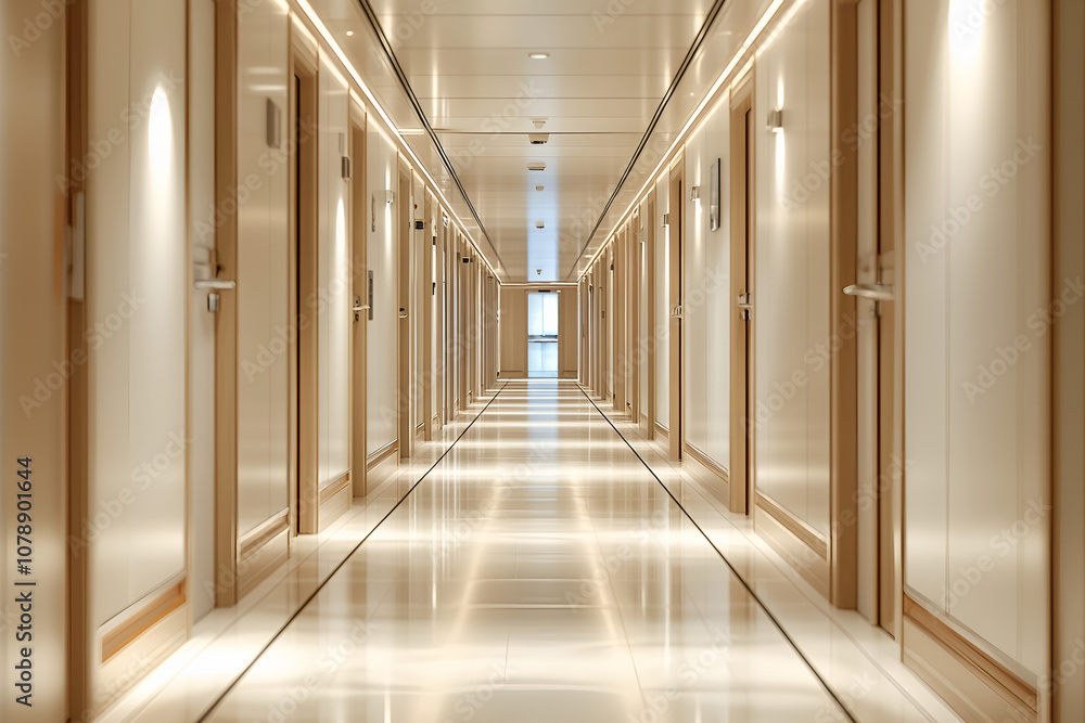 Cruise Ship Corridor, inviting hallway with wood accents, luxury interior for maritime travel. Cruise Ship Corridor, inviting hallway with wood accents, luxury interior for maritime travel.