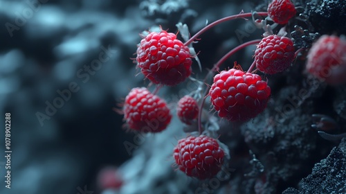 A close-up of a fresh raspberry cluster, highlighting the tiny individual drupelets and the velvety surface with subtle natural imperfections. Cinematic Scene, 4k resolution, cinematic scene photo