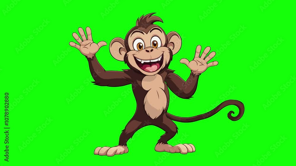 Animated character of a funny monkey who greets the viewer and waves his hand, on a green background chromakey, idea for promotional video, animal mascot Animated character of a funny monkey who greets the viewer and waves his hand, on a green background chromakey, idea for promotional video, animal mascot