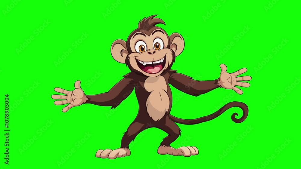 Animated character of a funny monkey who greets the viewer and waves his hand, on a green background chromakey, idea for promotional video, animal mascot Animated character of a funny monkey who greets the viewer and waves his hand, on a green background chromakey, idea for promotional video, animal mascot