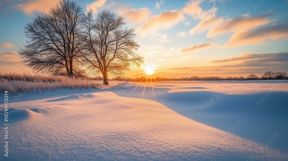 Over a snow-covered field, a beautiful winter sunrise greets you
Over a snow-covered field, a beautiful winter sunrise greets you