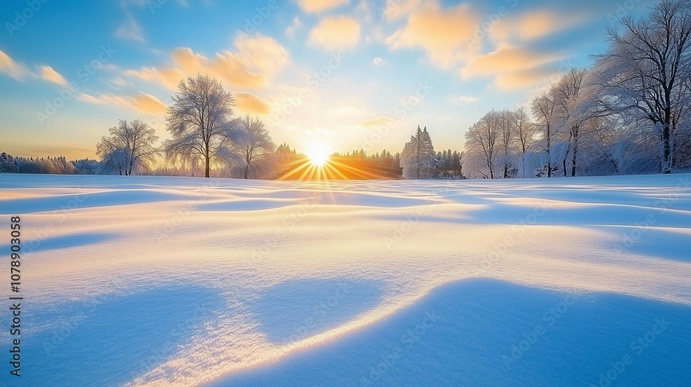 Over a snow-covered field, a beautiful winter sunrise greets you
Over a snow-covered field, a beautiful winter sunrise greets you