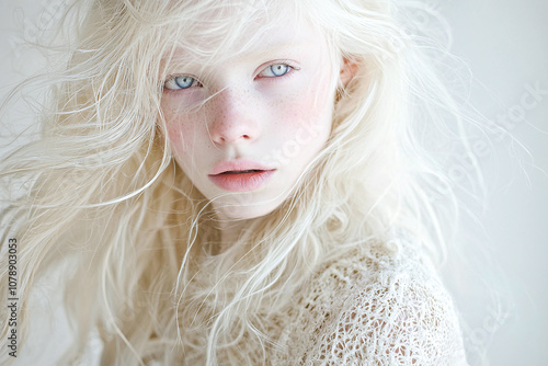 An albino pale-skinned young woman with light hair, serene expression, ethereal and otherworldly quality. photo