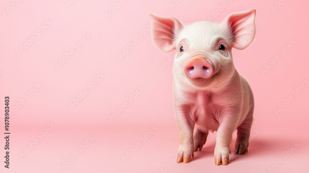 Adorable young piglet standing on a soft pink background with a curious expression, showcasing its cuteness and charm in a playful and vibrant setting. Adorable young piglet standing on a soft pink background with a curious expression, showcasing its cuteness and charm in a playful and vibrant setting.