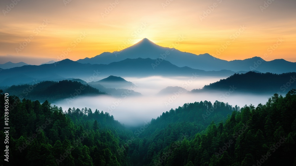 Obraz premium Serene Valley at Sunrise with Lush Misty Landscape