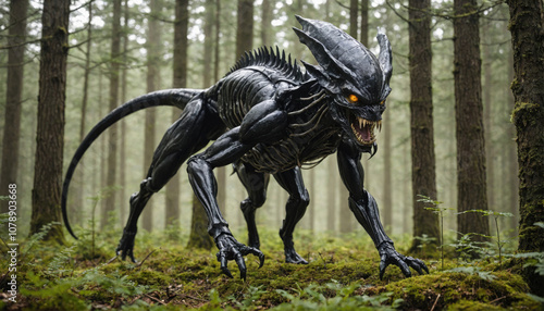 A black, monstrous creature with sharp claws and teeth stalks through a dense forest