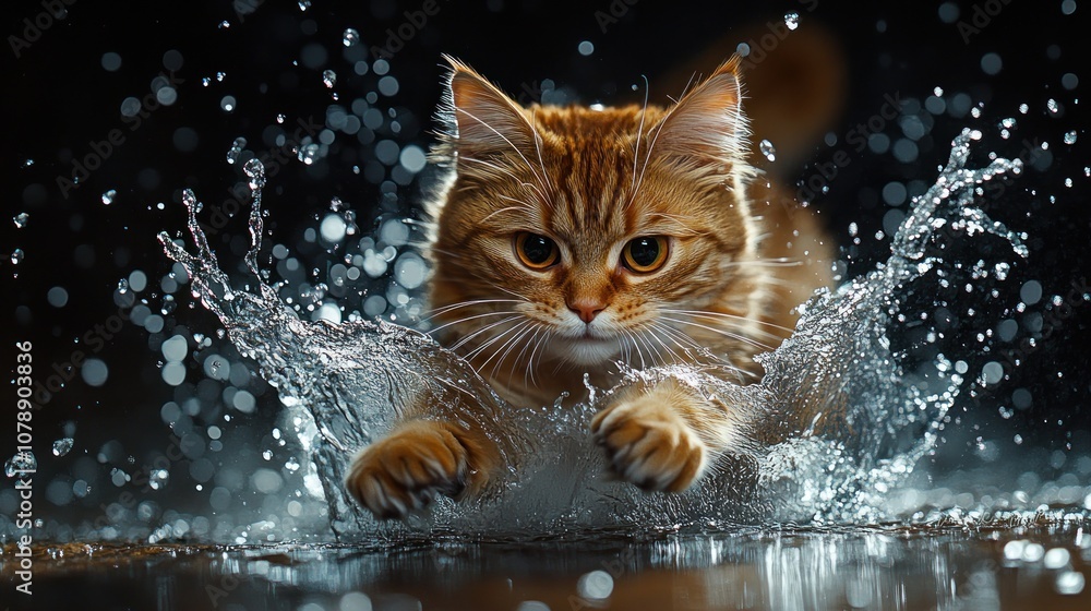 A playful cat splashes through water, showcasing its agility. A playful cat splashes through water, showcasing its agility.