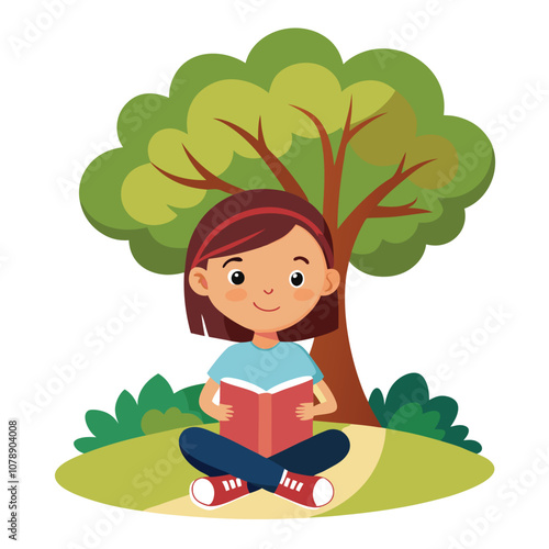 A Child Sitting Under a Tree and Reading a Book Vector Illustration for Education and Storytelling Themes