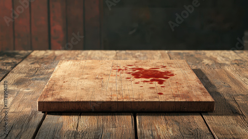 food safety hygiene bacteria Wooden cutting board with blood stains, highlighting food hygiene