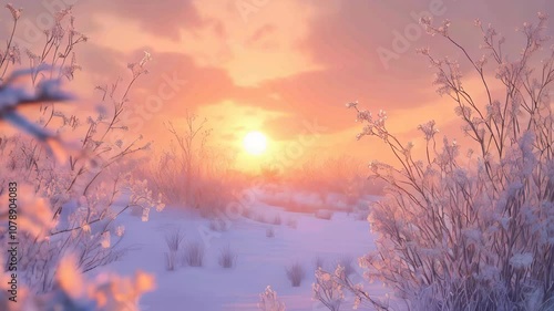 Over a snow-covered field, a beautiful winter sunrise greets you
