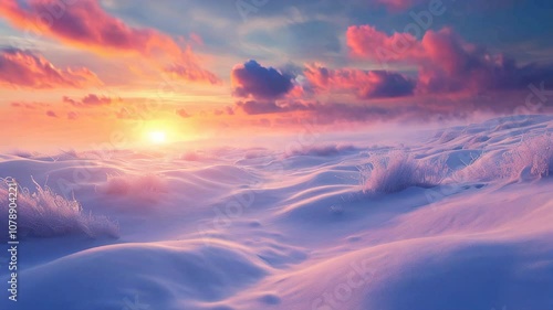 Over a snow-covered field, a beautiful winter sunrise greets you
