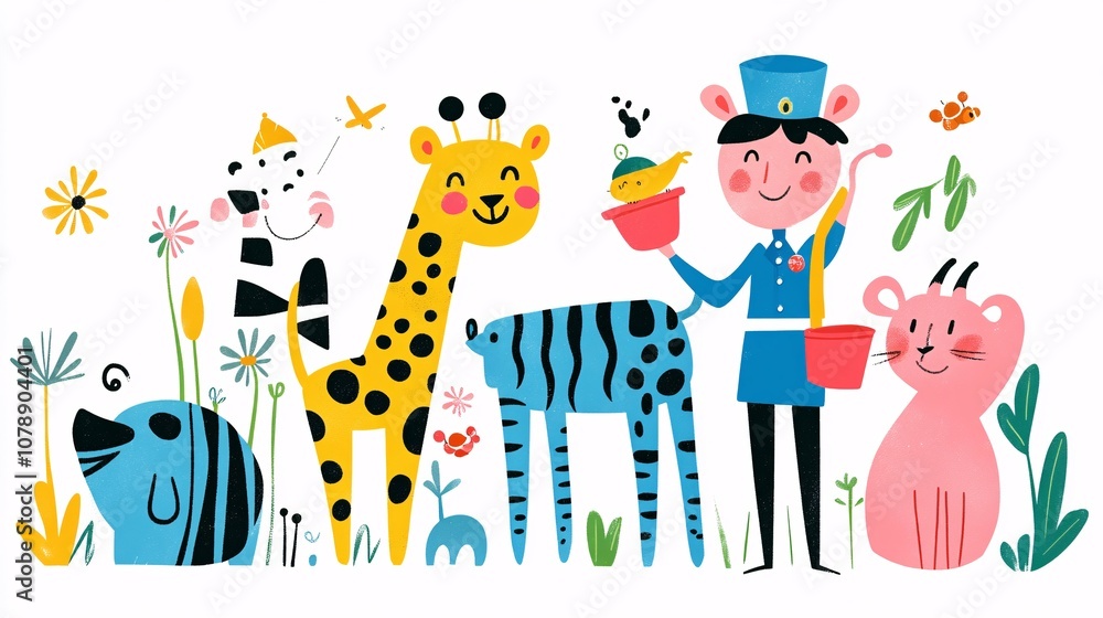 Fototapeta premium Colorful Cartoon Animals in a Garden Illustration