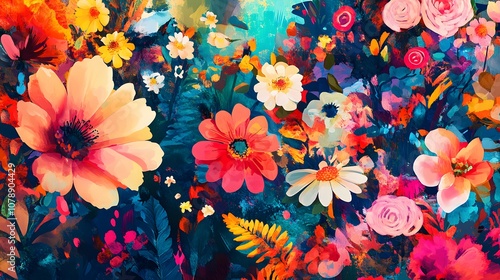 A colorful mixed media artwork blending floral illustrations with graphic patterns and digital brushstrokes for a vibrant, textured effect. Cinematic Scene, 4k resolution, cinematic scene