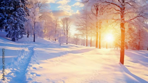 Over a snow-covered field, a beautiful winter sunrise greets you
