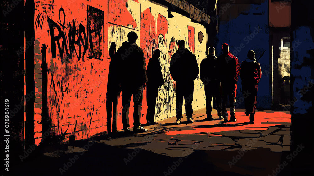 An illustration or artistic representation showing a group of young people in silhouette in an urban area, there is a sense of menace or danger. Landscape format 16:9 An illustration or artistic representation showing a group of young people in silhouette in an urban area, there is a sense of menace or danger. Landscape format 16:9