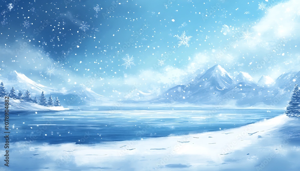 A serene winter landscape with a frozen lake and snowflakes falling. Ideal for holiday-themed artwork. A serene winter landscape with a frozen lake and snowflakes falling. Ideal for holiday-themed artwork.