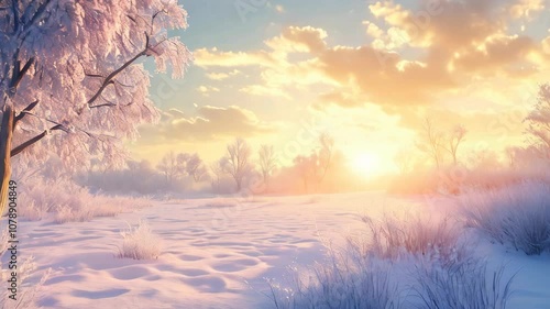 Over a snow-covered field, a beautiful winter sunrise greets you
