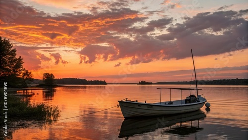 A Peaceful Boat Anchored on a Serene Lake at Sunset With Vibrant Orange and Purple Skies. Generative AI