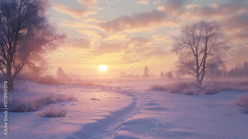 Over a snow-covered field, a beautiful winter sunrise greets you
