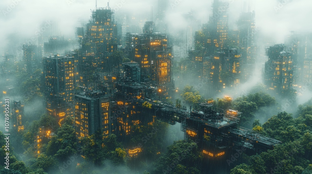 Futuristic cityscape enveloped in mist and greenery. Futuristic cityscape enveloped in mist and greenery.