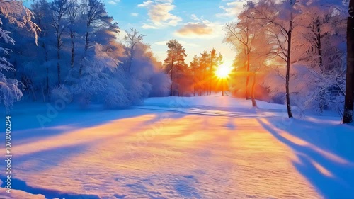 Over a snow-covered field, a beautiful winter sunrise greets you
