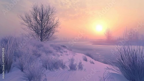 Over a snow-covered field, a beautiful winter sunrise greets you
